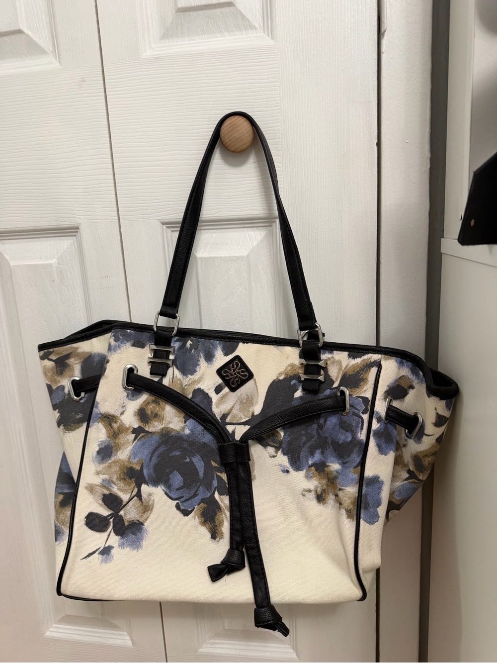 Vera Wang Cream Tote with Blue Floral Print and Black Trim